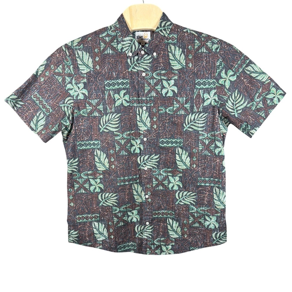 Reyn Spooner Shirt Mens XL Tailored Fit Black Green Tribal Leaf Button-Down